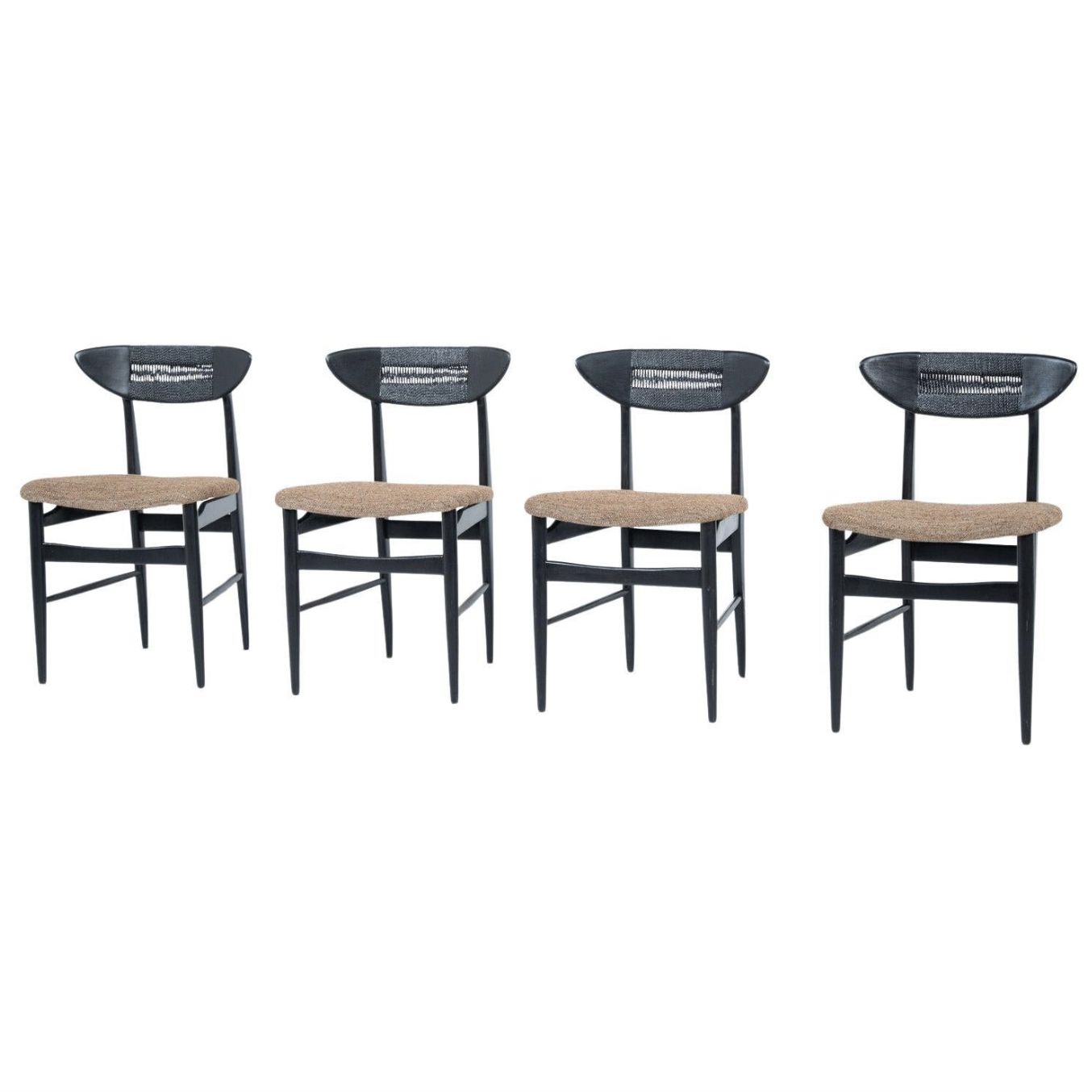 Mid Century Modern Set Of 4 Chairs By Hans Wegner, Black Wood And Rope, Denmark