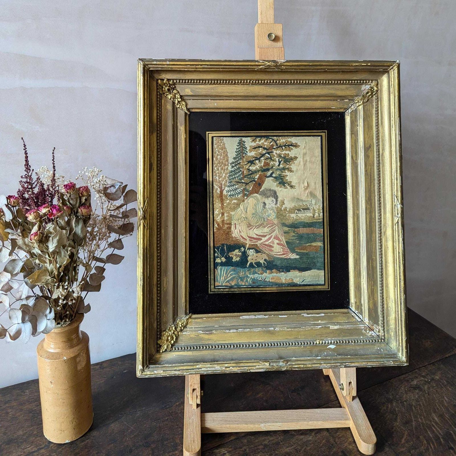 A Stunning Antique Georgian Silk Work Tapestry In Original Frame C1800 photo Art