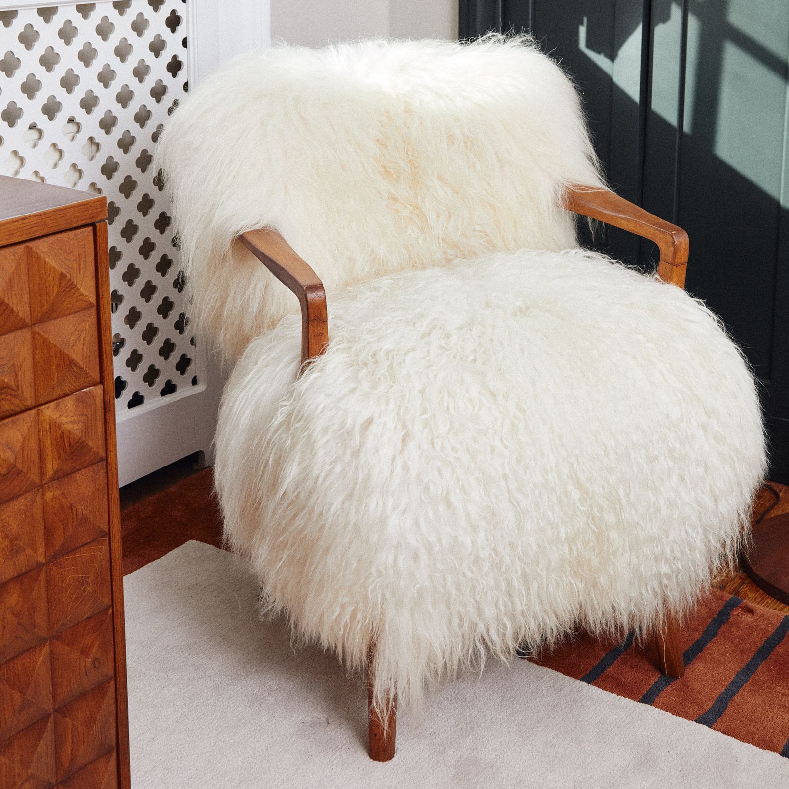 The Three Sheep Chair 1930s Mid Century Modern Armchair With Long Haired Icelandic Sheepskin photo vinterior