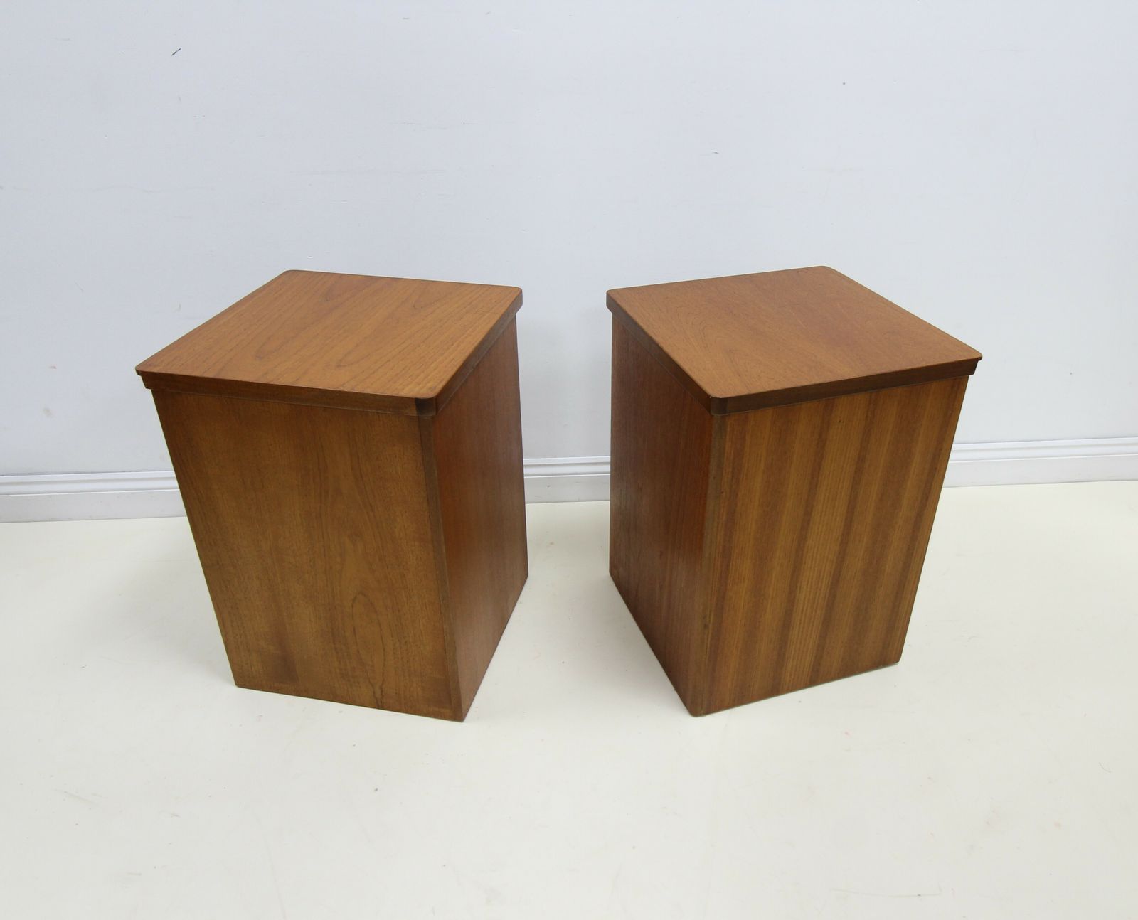 Pair Of Vintage Teak Ottomans Linen Blanket Storage Boxes   Nathan G Plan Era photo Furniture
