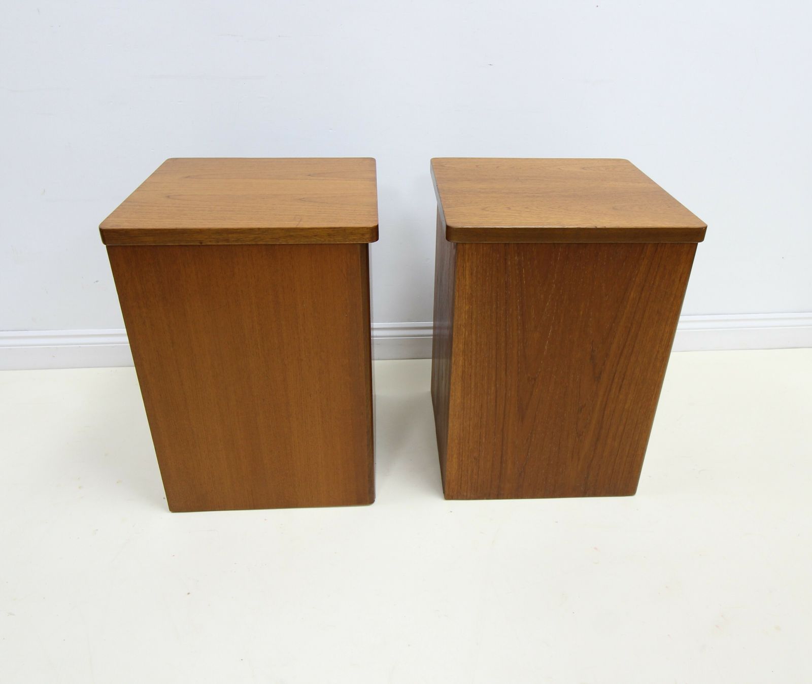295.0 Pair Of Vintage Teak Ottomans Linen Blanket Storage Boxes   Nathan G Plan Era photo