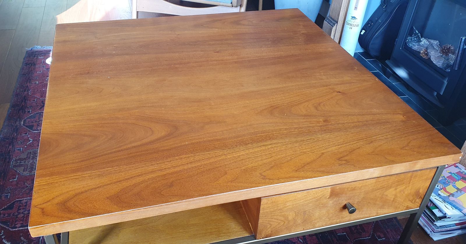Mid Century Modern West Elm Square Walnut And Brass Coffee Table With Drawers photo for sale