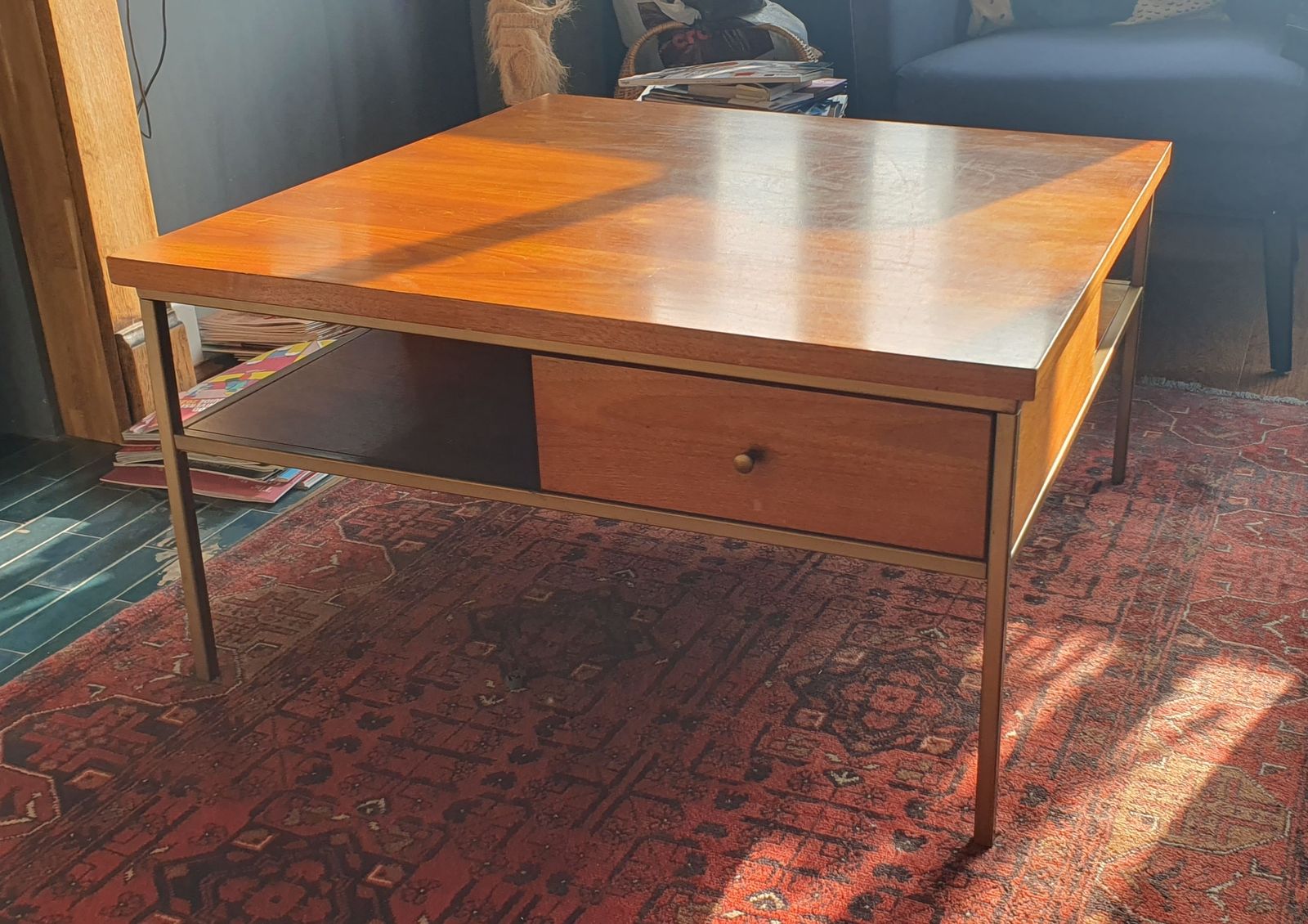 Mid Century Modern West Elm Square Walnut And Brass Coffee Table With Drawers