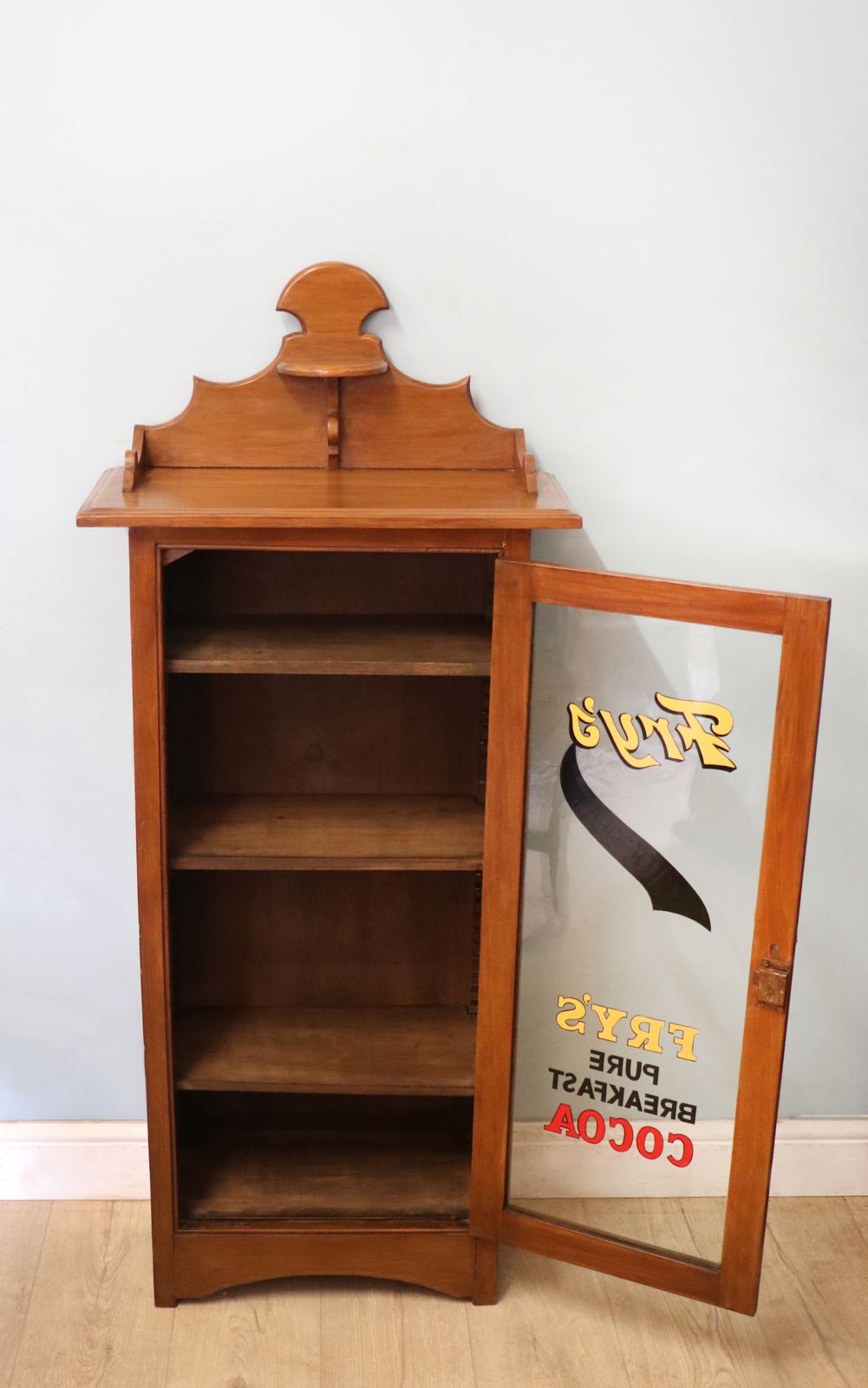 A Wonderful Victorian American Walnut Glazed Cabinet, Later Hand Sign Written Advertising For Fry's Chocolate. photo 395.0