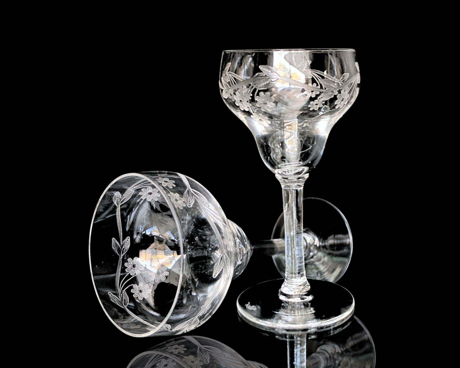 Kristallen Franse Cordiaalglazen | 2 Stuks | Gegraveerd Met Art Deco Bloemendecor