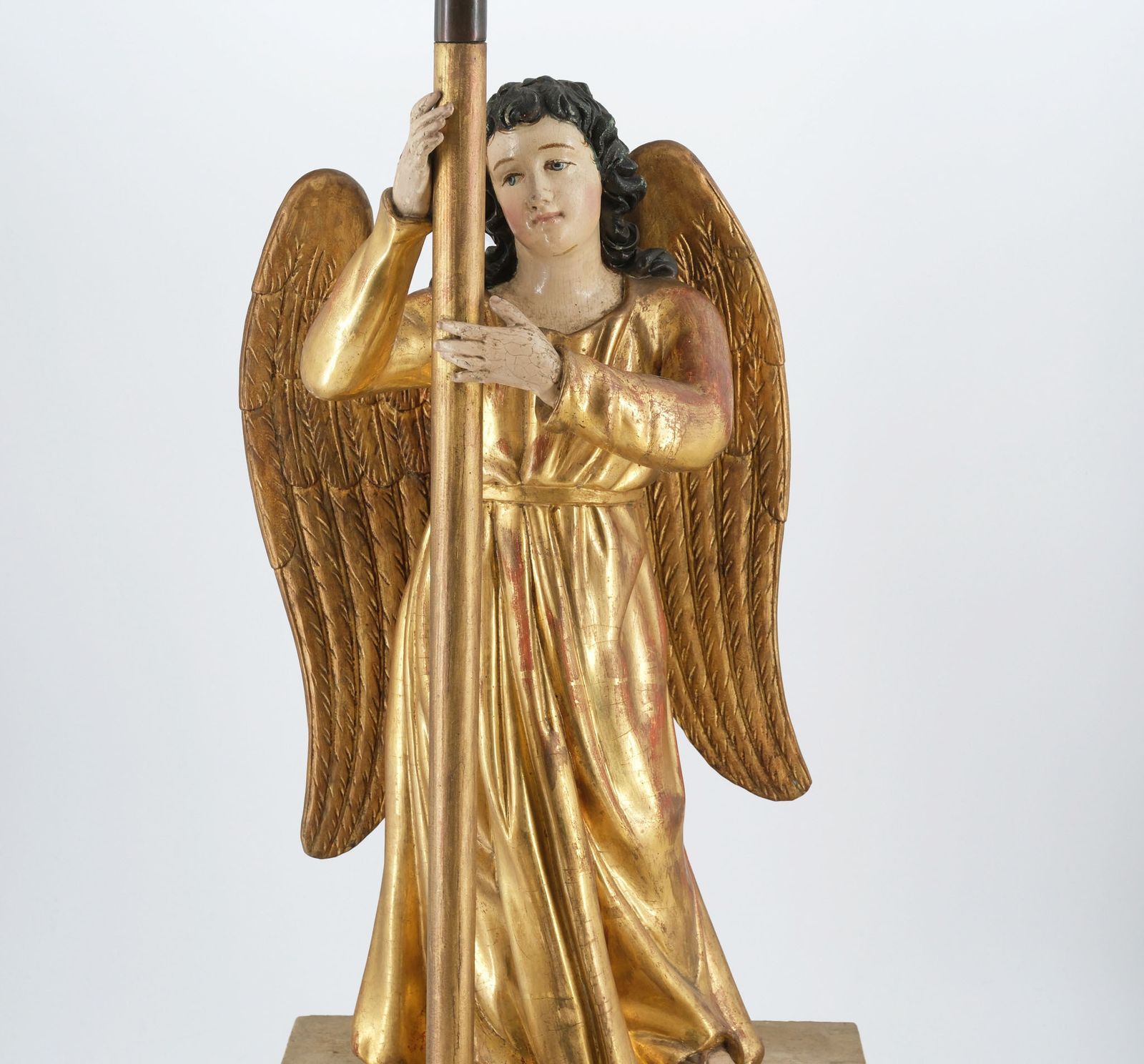 19th Century Carved Giltwood & Polychrome Painted Angel Alter Candlestick photo furniture