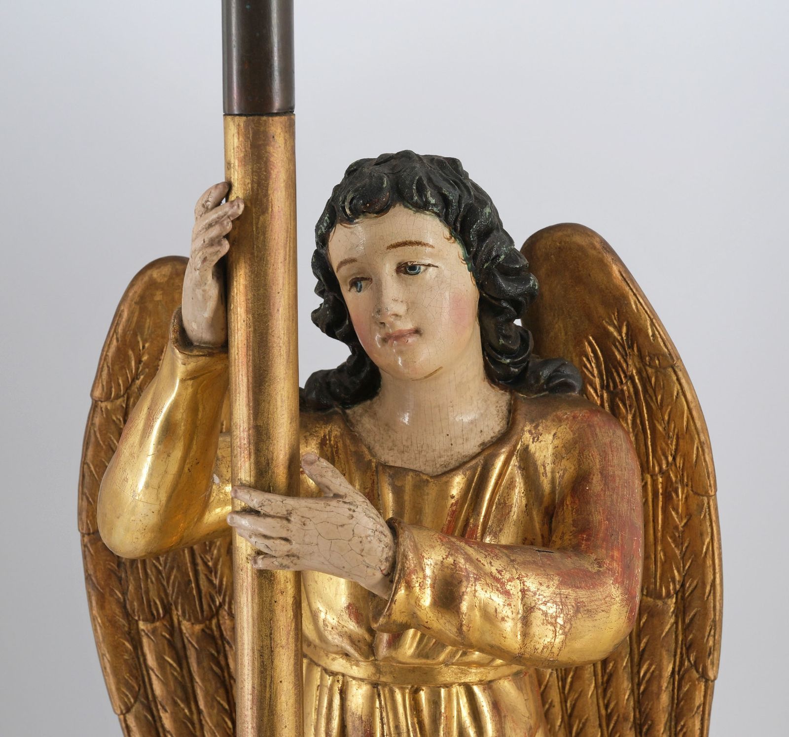 19th Century Carved Giltwood & Polychrome Painted Angel Alter Candlestick photo 1395.0