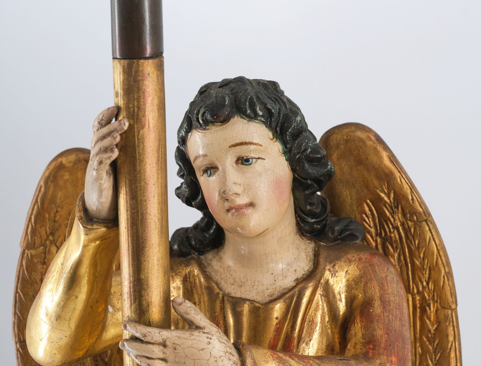 photo for sale 19th Century Carved Giltwood & Polychrome Painted Angel Alter Candlestick