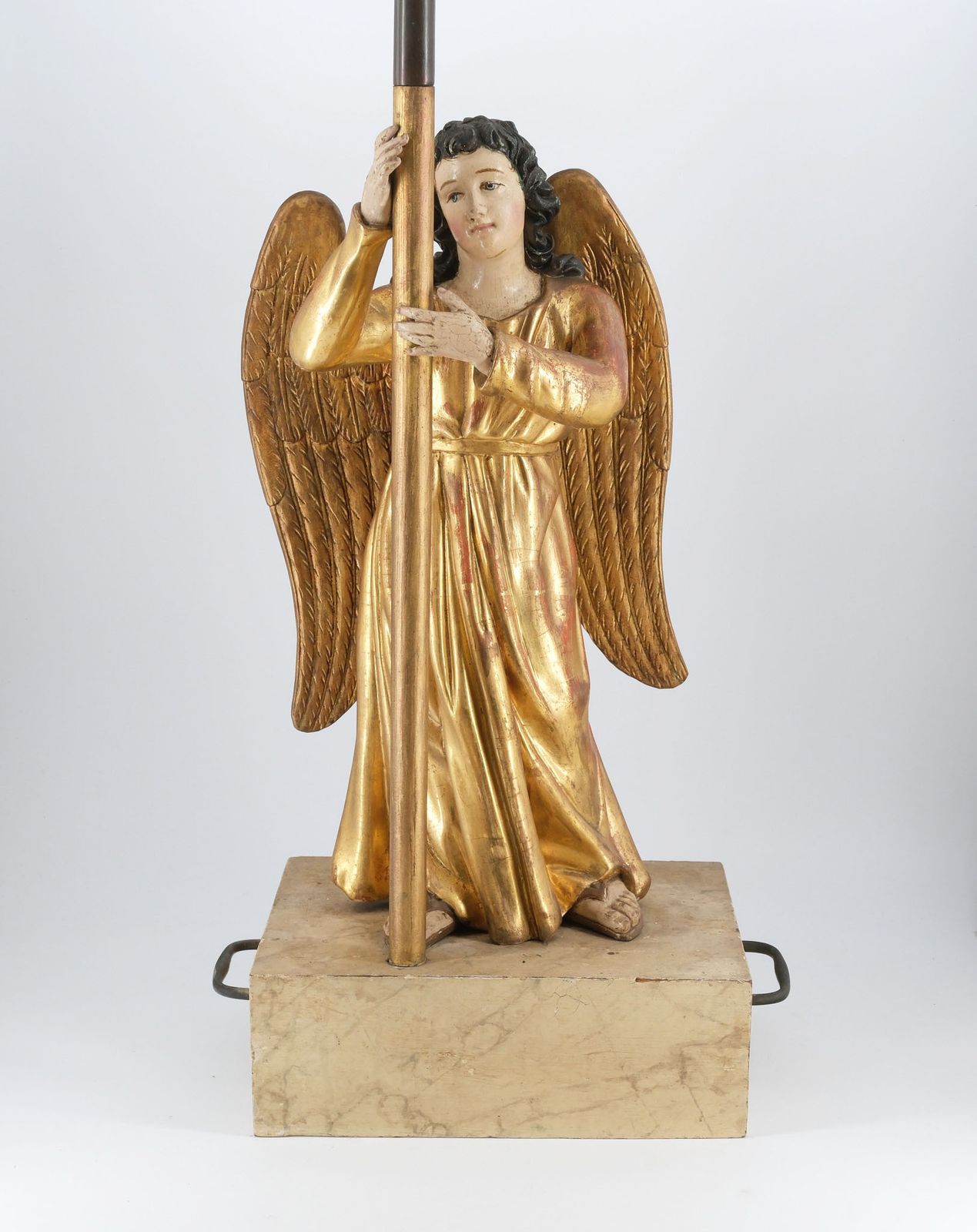 photo vintage 19th Century Carved Giltwood & Polychrome Painted Angel Alter Candlestick