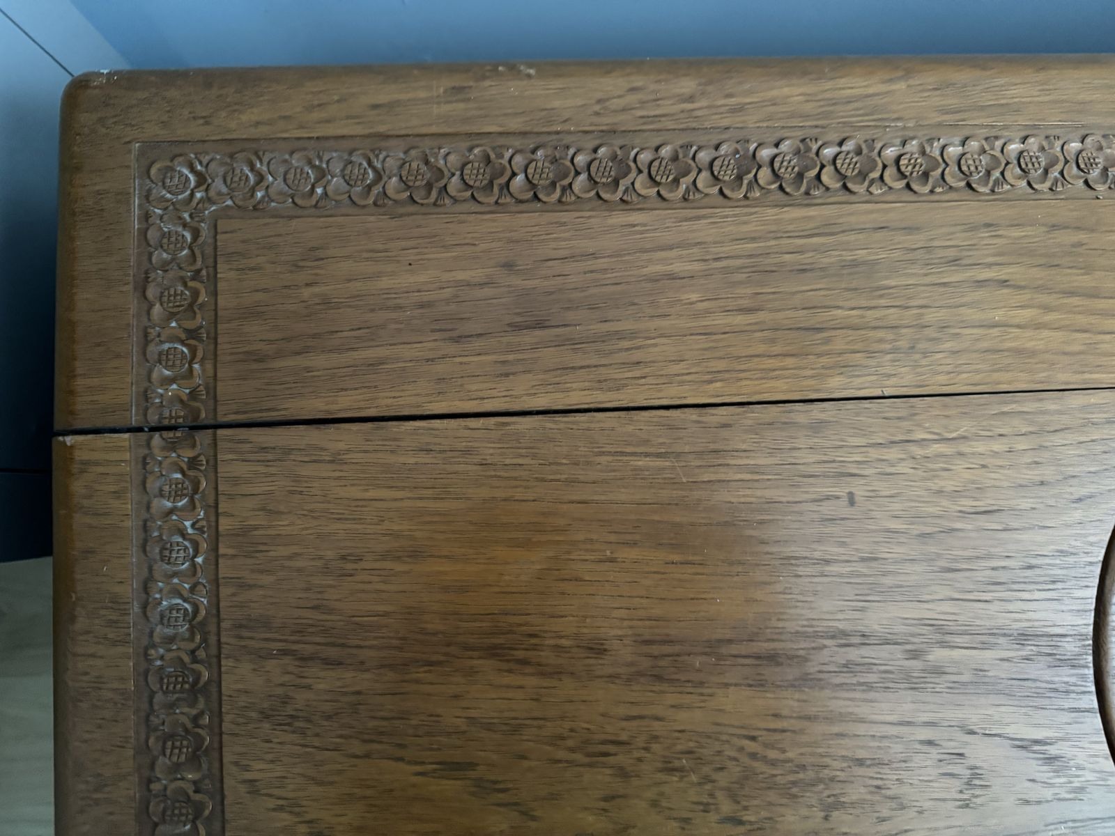 Vintage Camphor Wood Chest With Engraved Symbols Of Blessing photo for sale