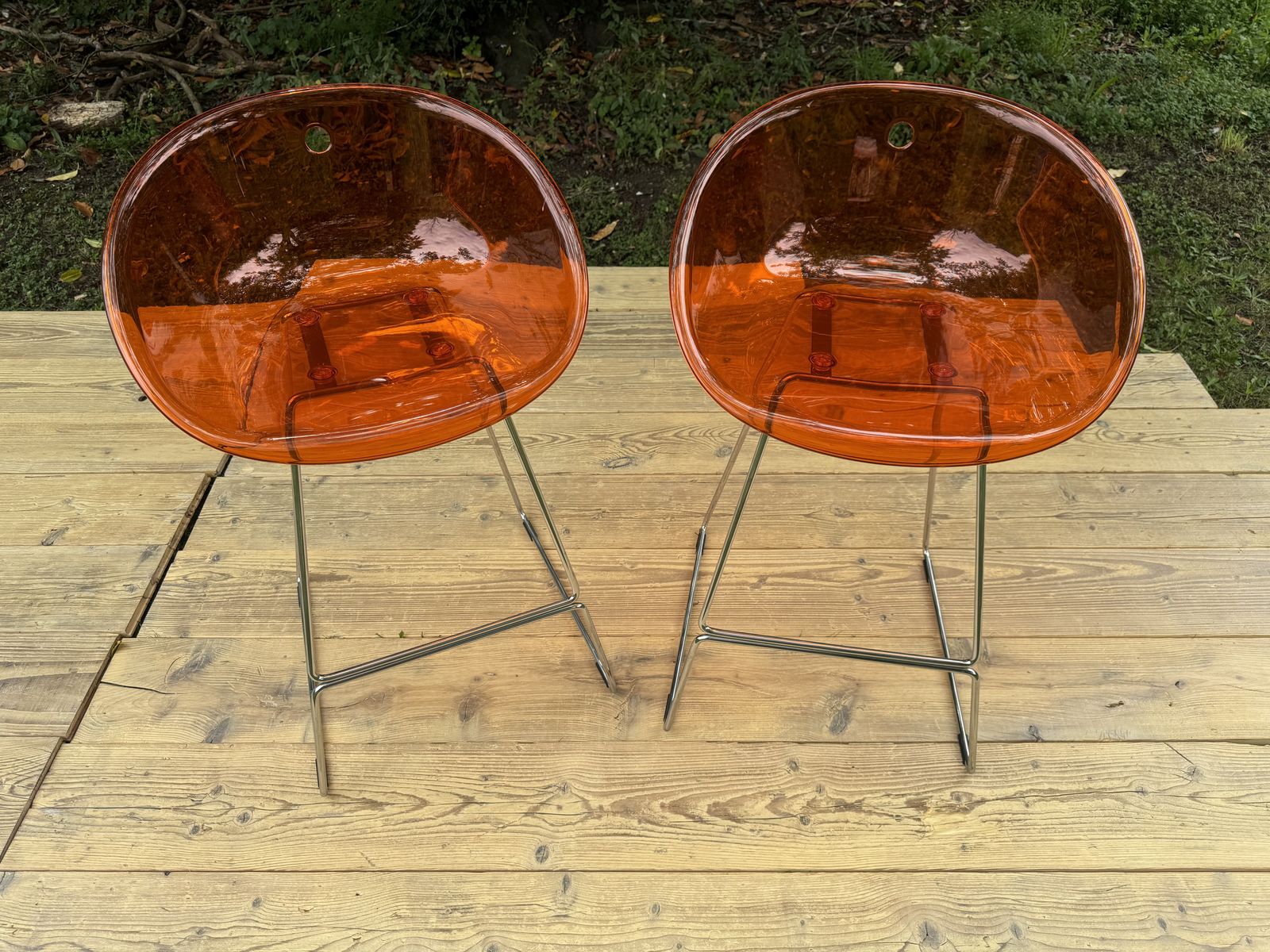 Pair Of Pedrali Gliss Italian Transparent Orange Bar Stools   Modern 50's Style photo Furniture