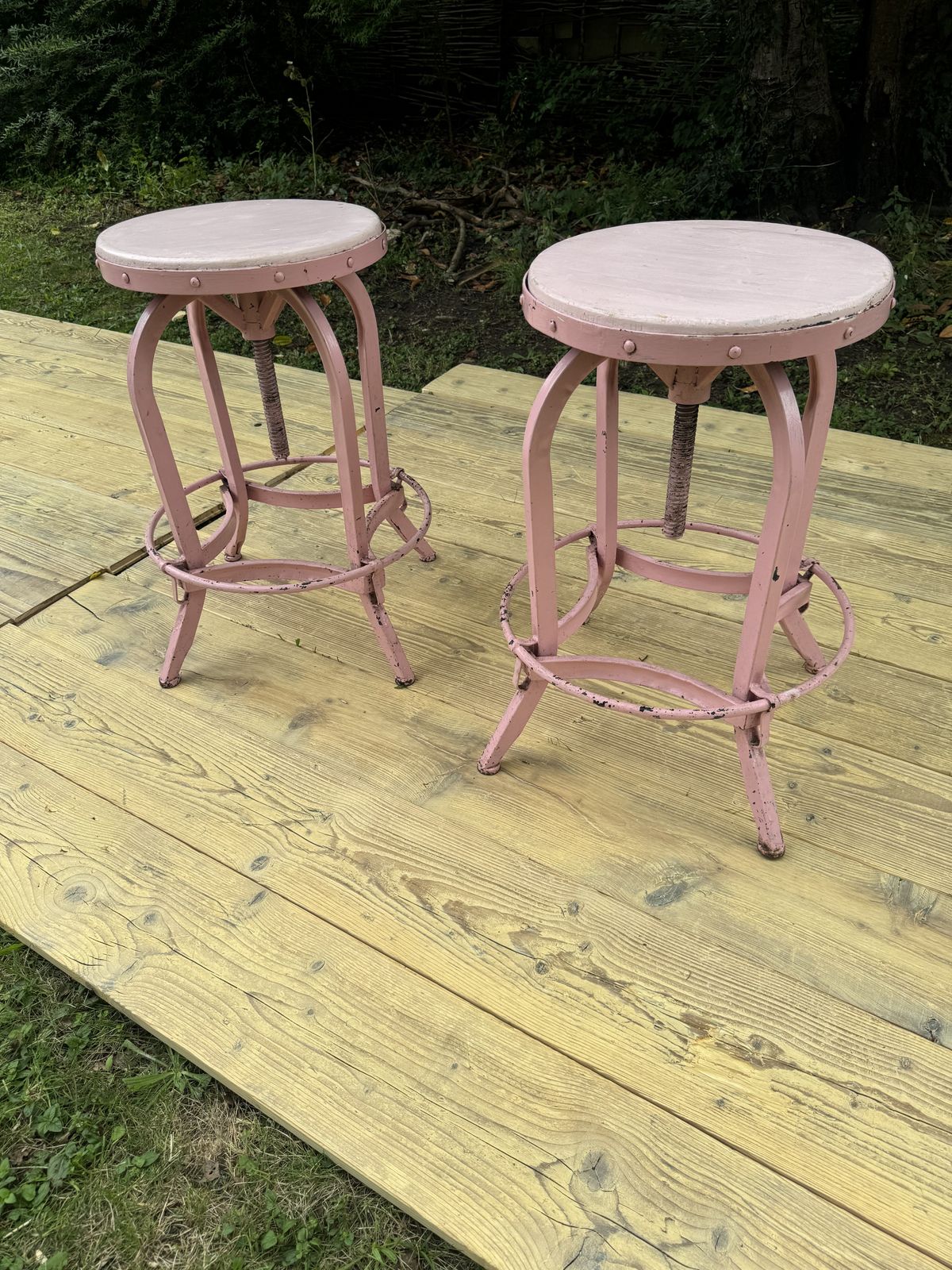 Pair Of Industrial Pink Adjustable Metal Bar Stools