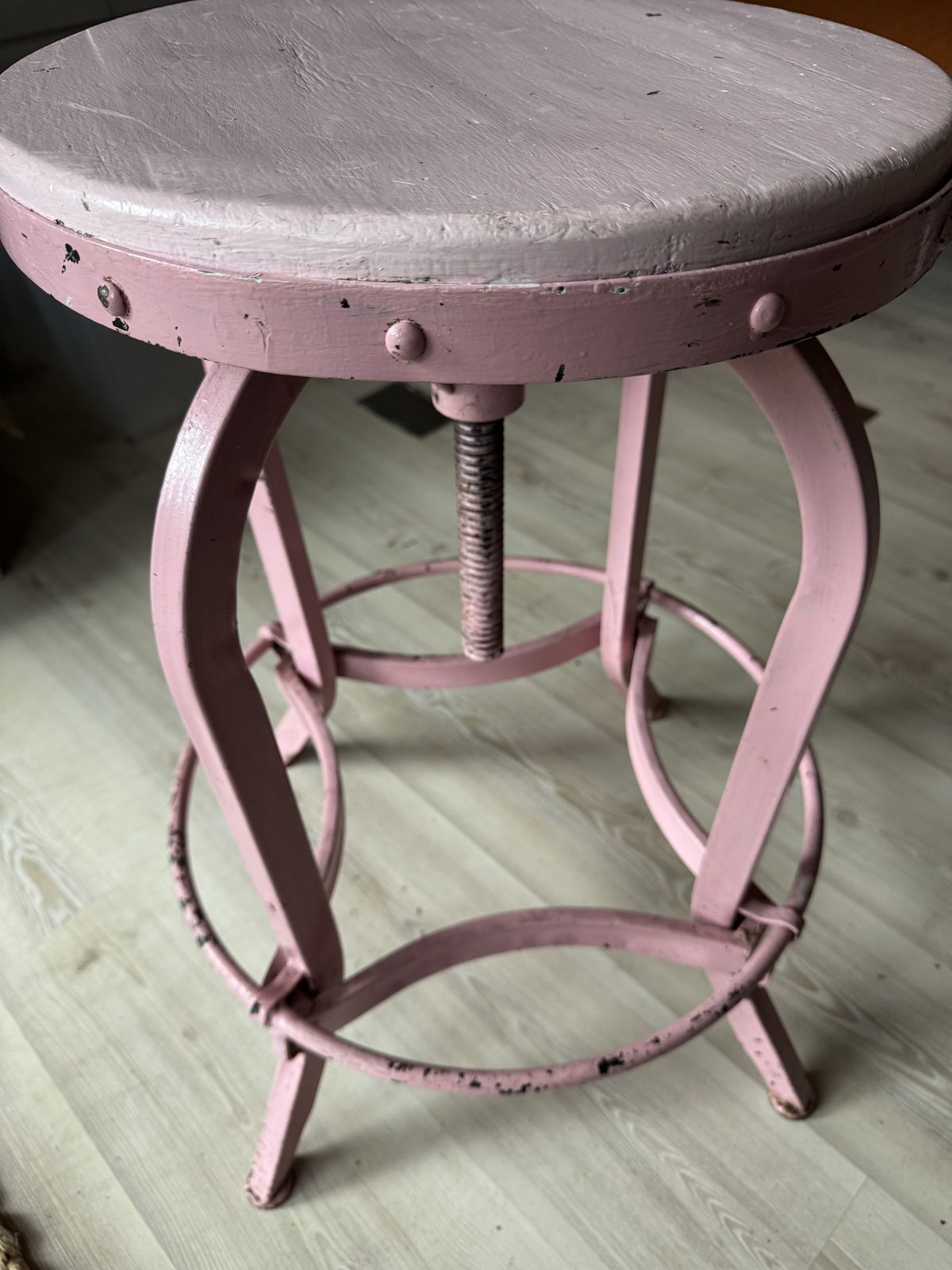Pair Of Industrial Pink Adjustable Metal Bar Stools photo for sale
