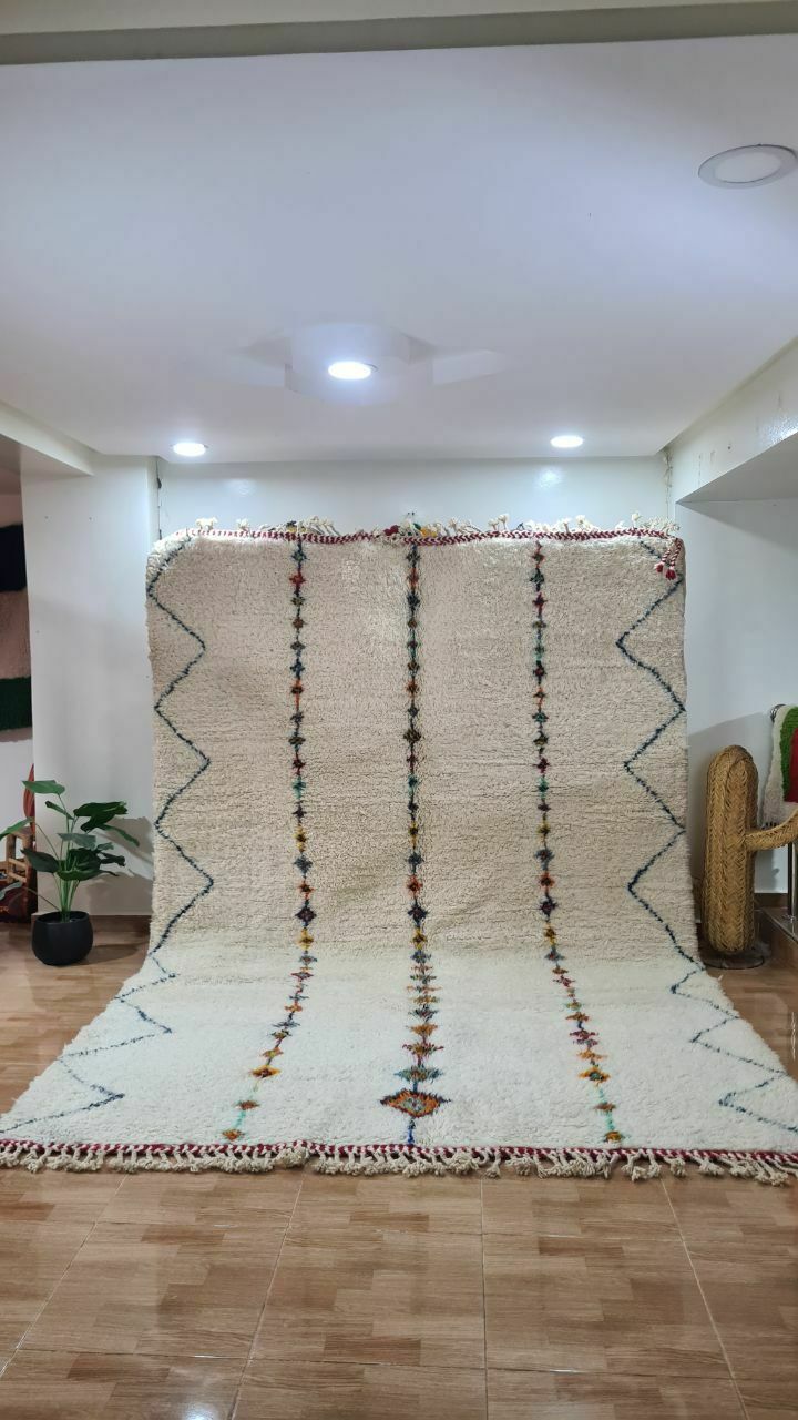 Elegant Moroccan Beni Ouarain Rug With Colorful Tribal Lines – Handwoven Wool Carpet 300x200 Cm