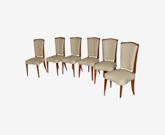Set Of Six Art Deco Flesh In Stained Beech And Ivorian Leather photo furniture