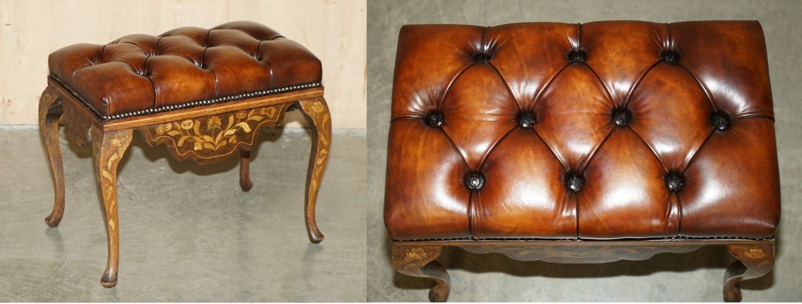Antique Dutch Circa 1860 Brown Leather Rosewood Chesterfield Stool Piano Bench