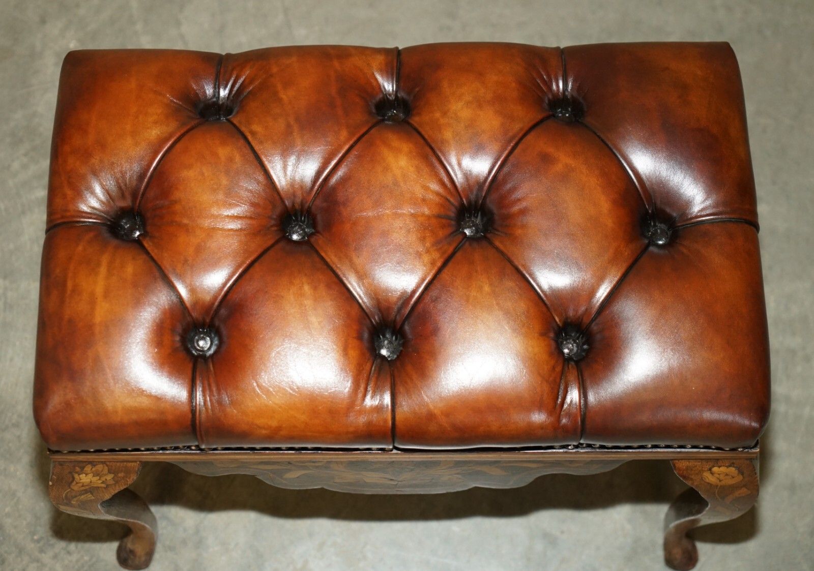 Antique Dutch Circa 1860 Brown Leather Rosewood Chesterfield Stool Piano Bench photo Furniture