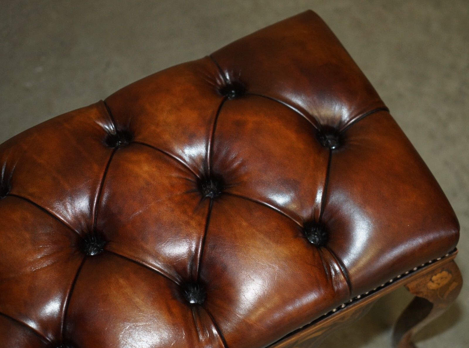 Antique Dutch Circa 1860 Brown Leather Rosewood Chesterfield Stool Piano Bench photo vinterior