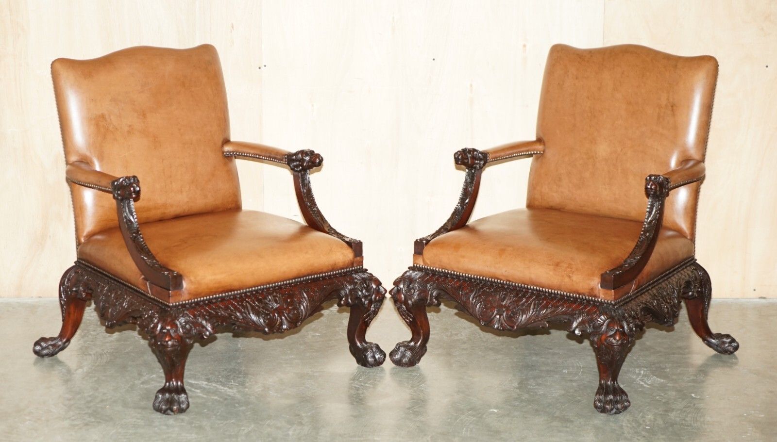 Fine Pair Of Brown Leather Carved Gainsborough Armchairs Giles Grendey 1693 1780