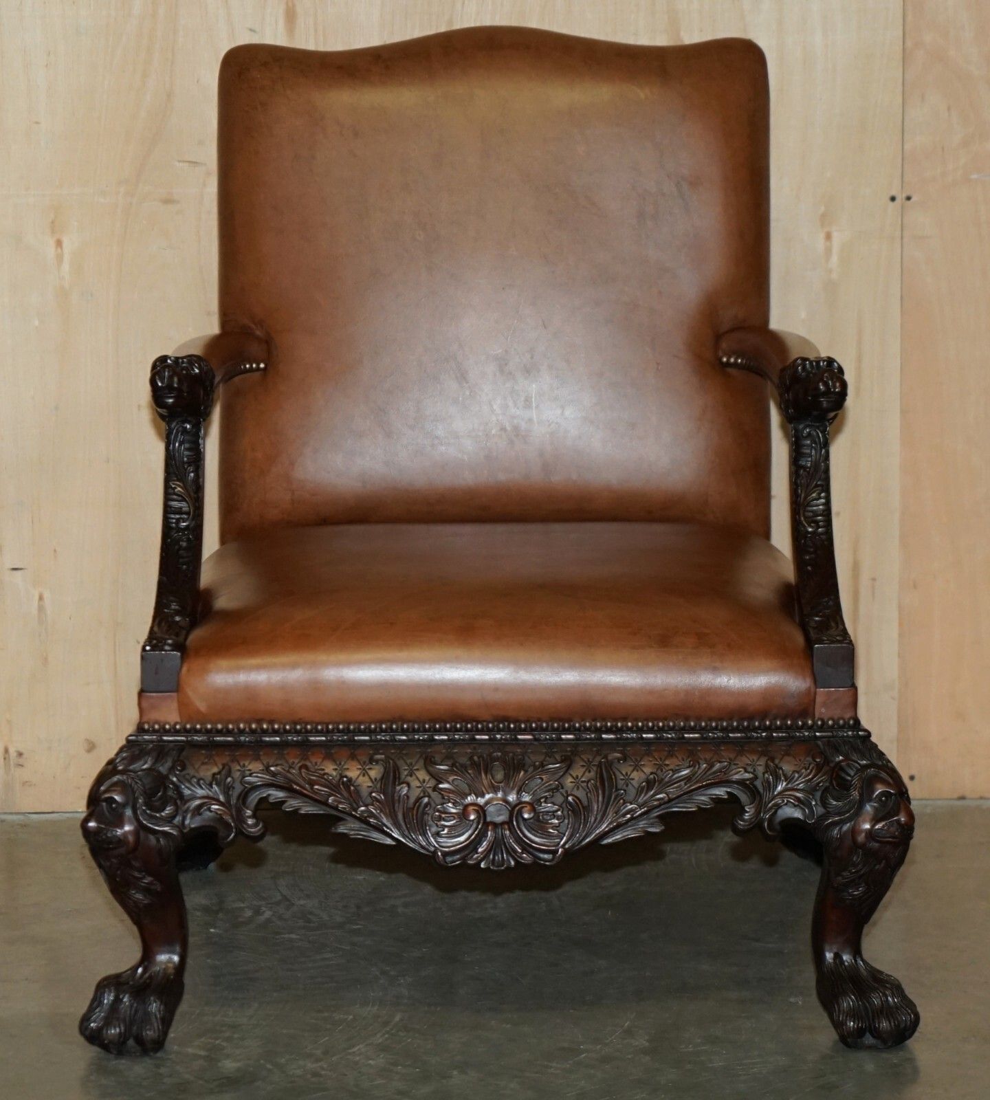 Fine Pair Of Brown Leather Carved Gainsborough Armchairs Giles Grendey 1693 1780 photo for sale