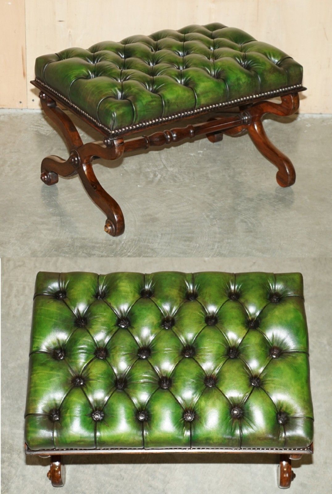 Antique William IV 1830 Green Leather Rosewood Chesterfield Stool Piano Bench