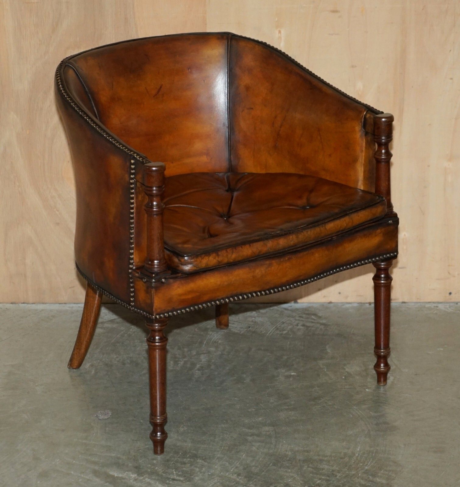 Pair Of Hand Dyed Brown Leather Thomas Chippendale Chesterfield Tub Armchairs photo for sale
