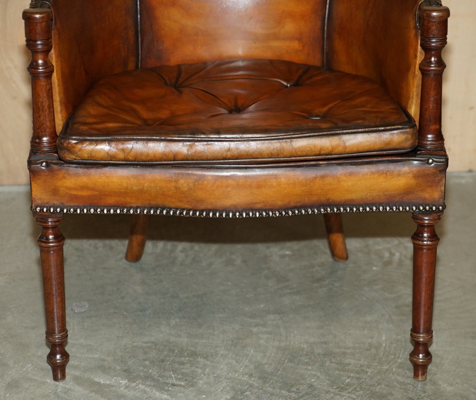 photo for sale Pair Of Hand Dyed Brown Leather Thomas Chippendale Chesterfield Tub Armchairs