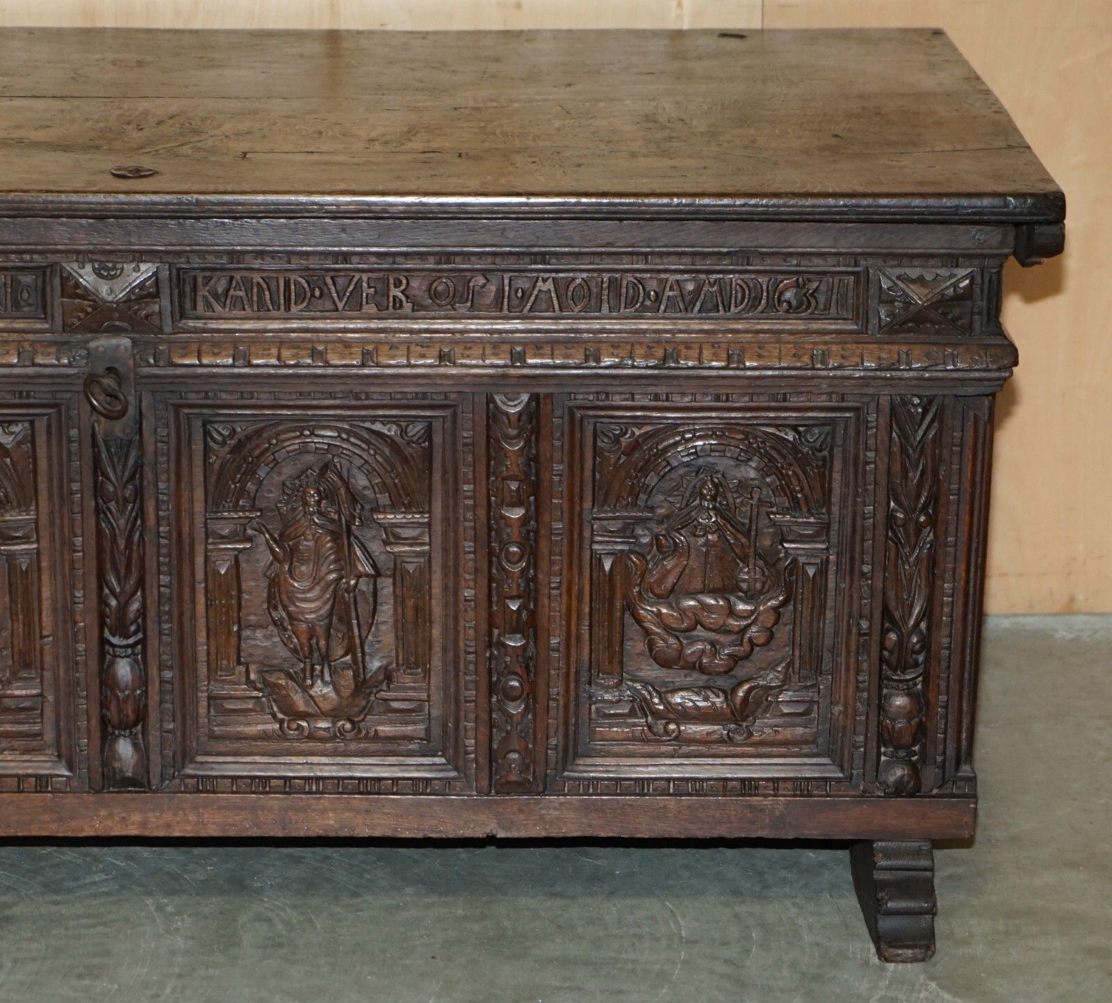 Huge Antique 1631 Dated Hand Carved Oak Danish Wedding Dowry Linen Trunk Coffer photo Furniture