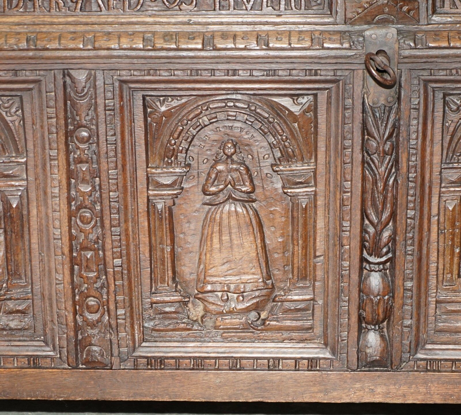 Huge Antique 1631 Dated Hand Carved Oak Danish Wedding Dowry Linen Trunk Coffer photo vinterior