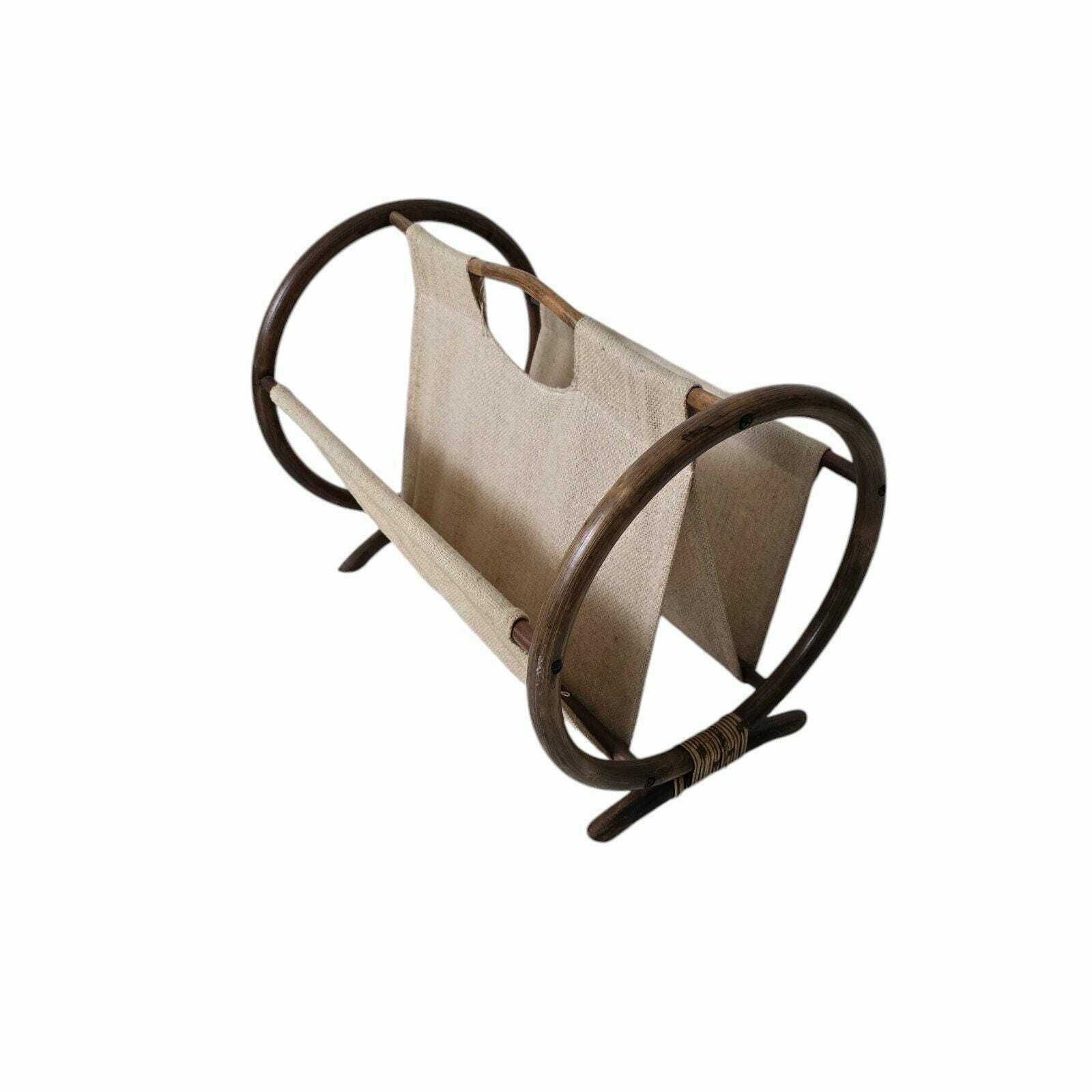 Vintage Mid Century Elegante Tijdschriftenhouder In Rotan En Linnen