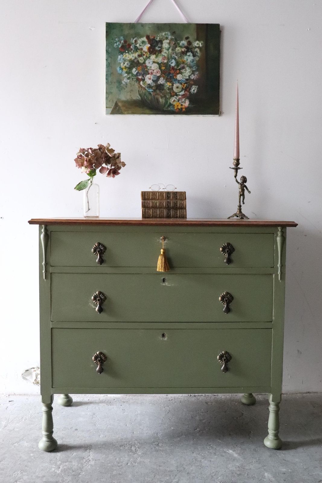 Painted Vintage Three Drawer Washstand Or Chest Of Drawers In Olive Green With Natural Wood Top photo furniture