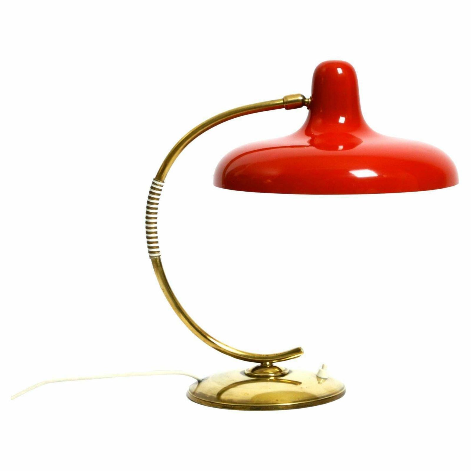 Beautiful Large Mid Century Modern Brass Table Lamp With Red Metal Shade photo furniture