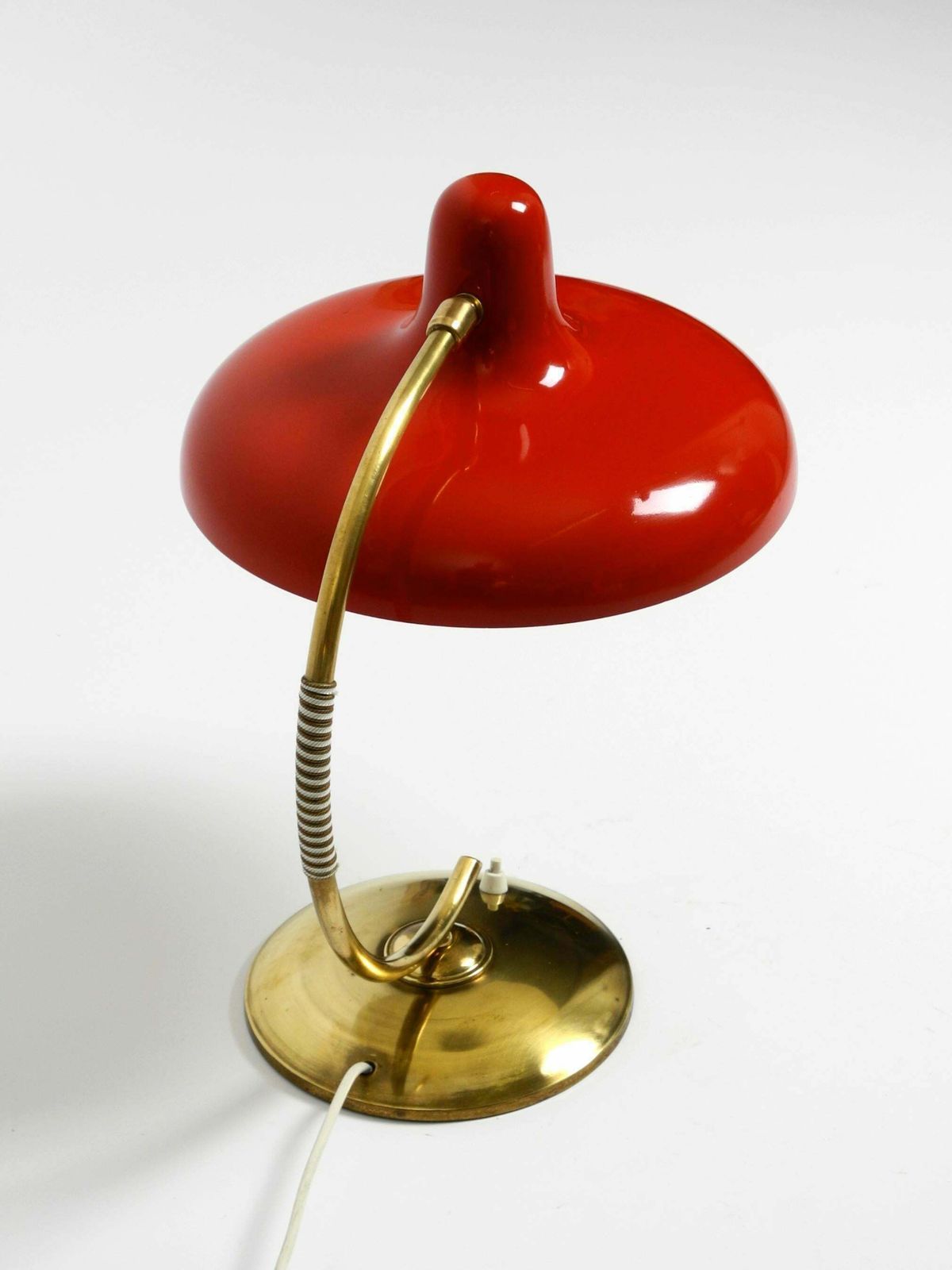 Beautiful Large Mid Century Modern Brass Table Lamp With Red Metal Shade photo Lighting
