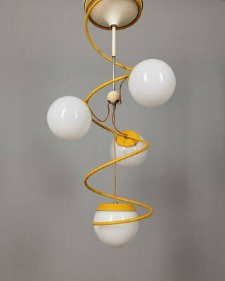Vintage Italian Space Age Yellow Metal And Glass Hanging Light, 1970s photo furniture