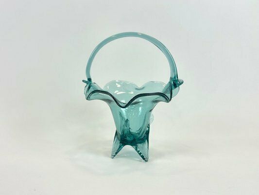 Turquoise Polish Glass Basket From Ząbkowice Glassworks, 1960s photo 105.0