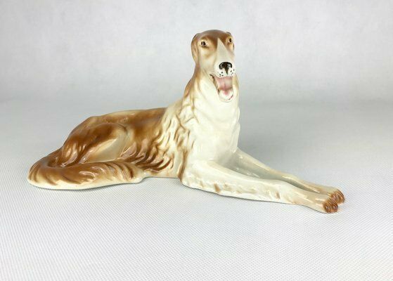 Art Deco Czechoslovakian Borzoi Greyhound Statue In Porcelain From Royal Dux Bohemia, 1960s