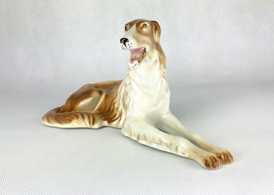 Art Deco Czechoslovakian Borzoi Greyhound Statue In Porcelain From Royal Dux Bohemia, 1960s photo Art