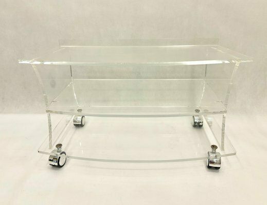 Mid Century Clear Acrylic Glass Shelf Unit Tv Stand On Castors, 1970s photo vinterior