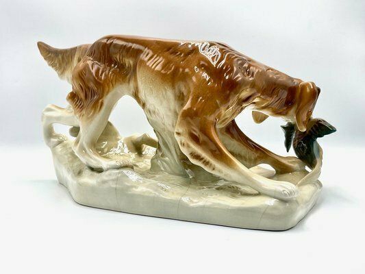 Large Hunting Dog With Duck Figurine In Porcelain From Royal Dux Bohemia, 1940s photo furniture