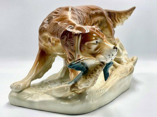 Large Hunting Dog With Duck Figurine In Porcelain From Royal Dux Bohemia, 1940s photo for sale