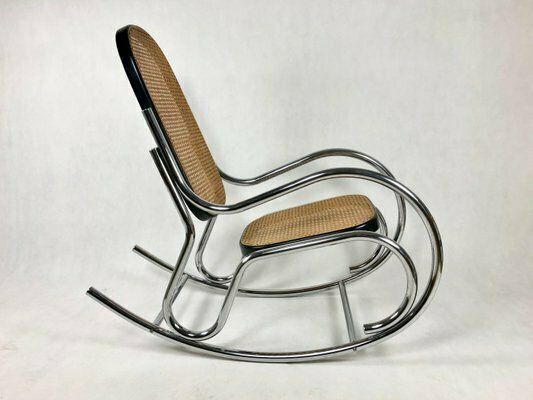 Mid Century Chromed Steel & Rattan Rocking Chair, 1970s photo buy