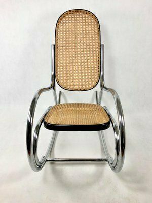 photo furniture Mid Century Chromed Steel & Rattan Rocking Chair, 1970s