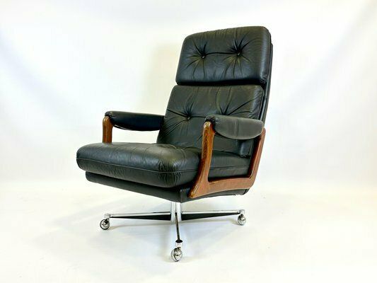 Mid Century Swivel Black Leather Armchair, 1970s