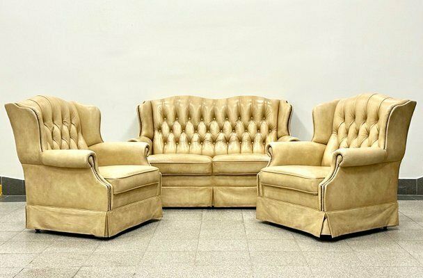 Chesterfield Style Leather Two Seater Sofa And Armchairs, 1980s, Set Of 3 photo furniture
