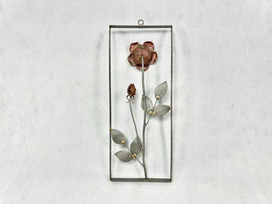 Mid Century Copper Wall Decoration With Rose, Czech, 1950s photo Art