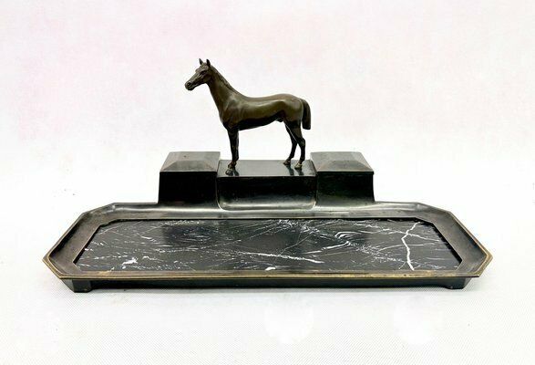 French Bronze & Marble Horse Desk Set With Inkwells, 1900s