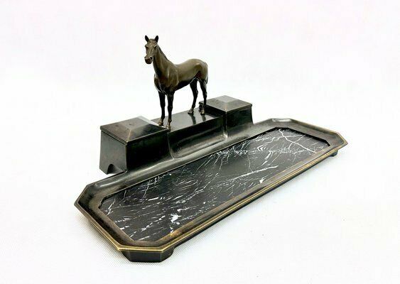 French Bronze & Marble Horse Desk Set With Inkwells, 1900s photo furniture