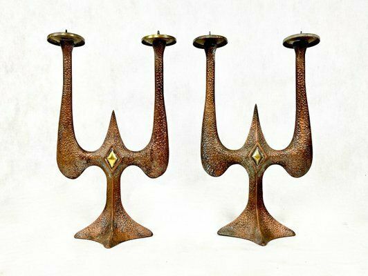 Polish Brutalist Copper Candleholders, 1970s, Set Of 2 photo furniture