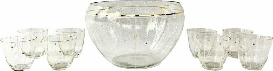 Mid Century Gold Plating Glass Punch Set, 1950s, Set Of 9
