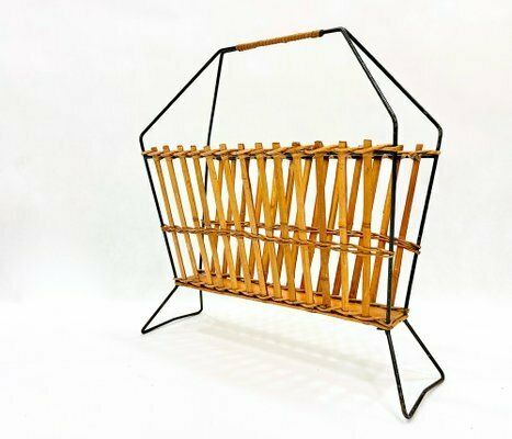 Vintage Bamboo & Steel Magazine Rack, 1960s 1970s photo furniture